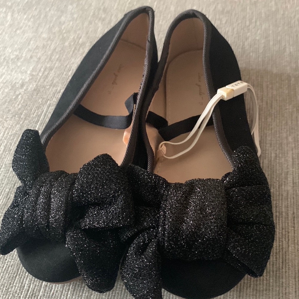 Zara Girls Black Suede Sequin Bow Flats Size 9.5